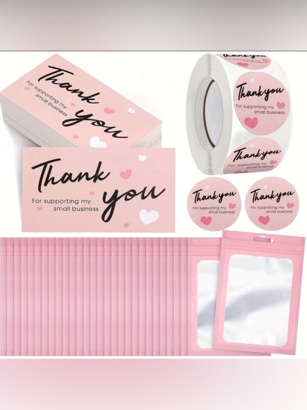 550 + Pink Thank You Sticker & Pink Mailing Bag Set - For Small Business